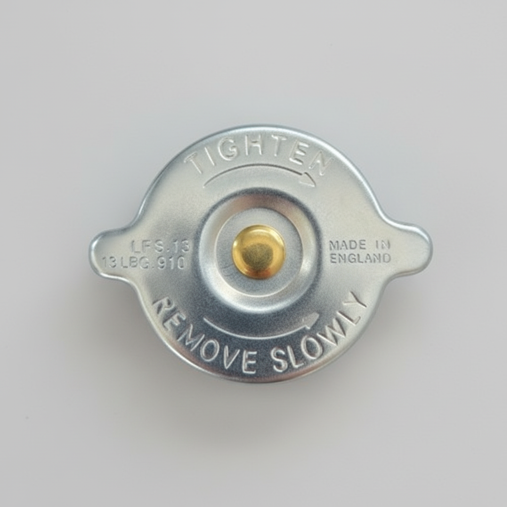 Metal radiator cap with 'Tighten' and 'Remove Slowly' text on a white background