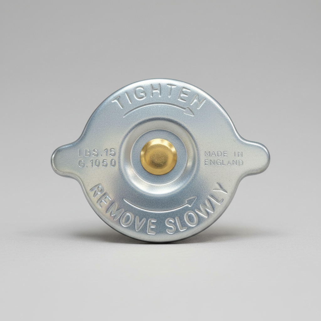 Metal radiator cap with 'Tighten' and 'Remove Slowly' text on a white background