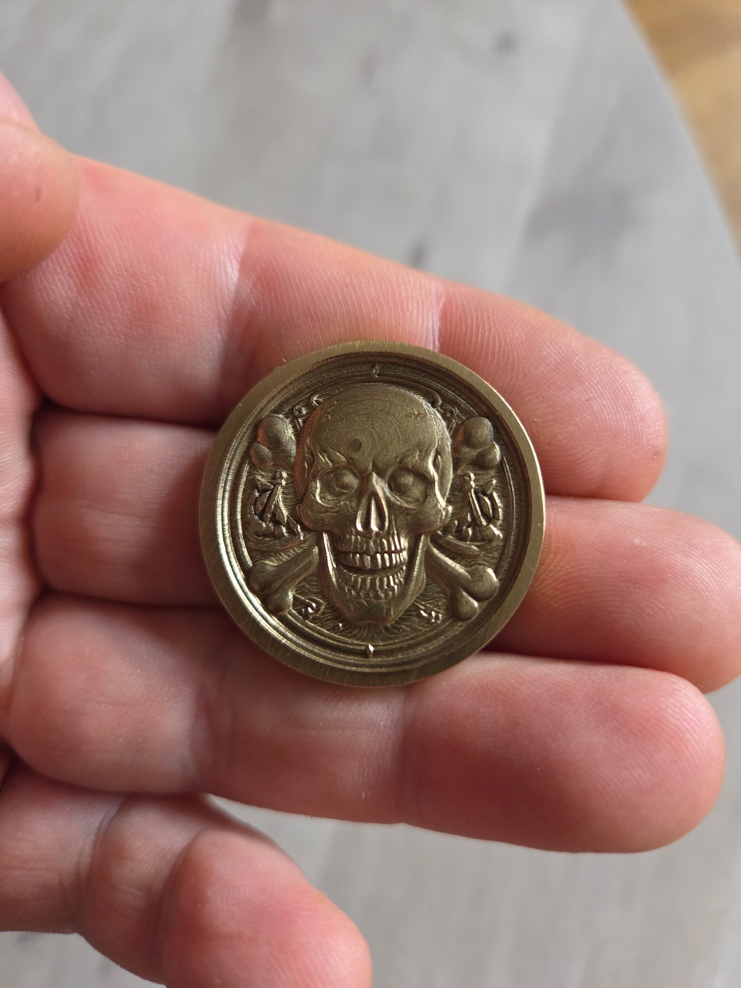 Skull and Cross Bones Engraved Brass Coin