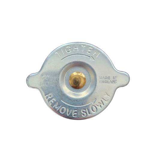 Metal radiator cap with text 'Tighten' and 'Remove Slowly' on a white background
