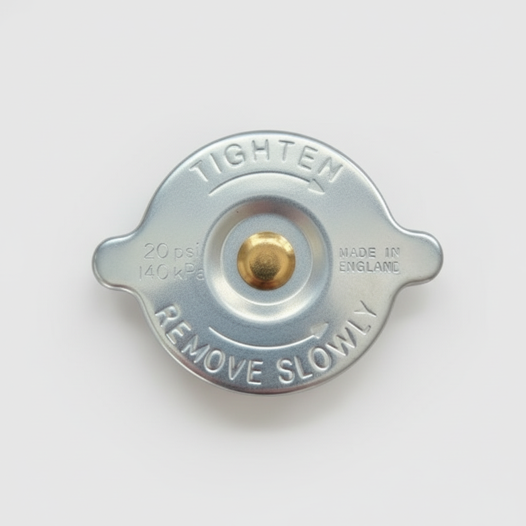Metal radiator cap with text 'Tighten' and 'Remove Slowly' on a white background