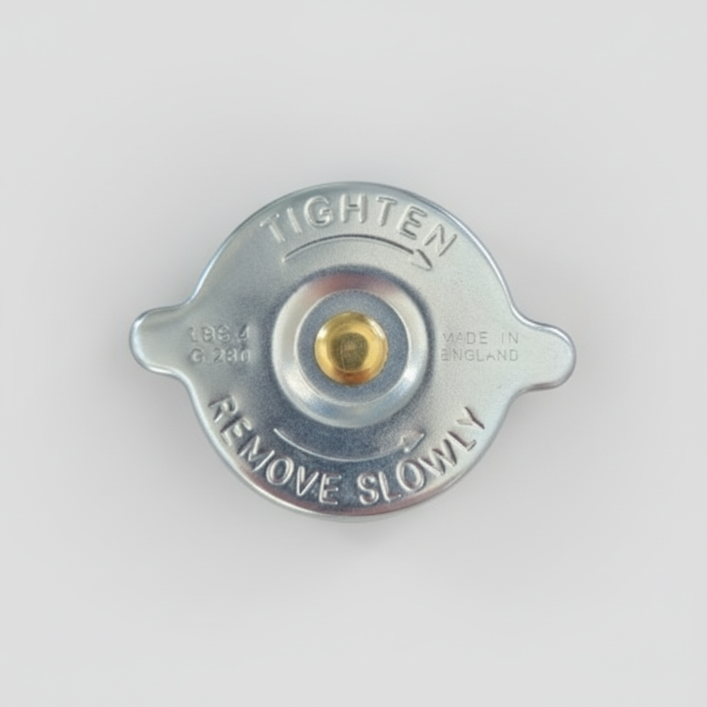 Metallic radiator cap with 'Tighten' and 'Remove Slowly' text on a white background