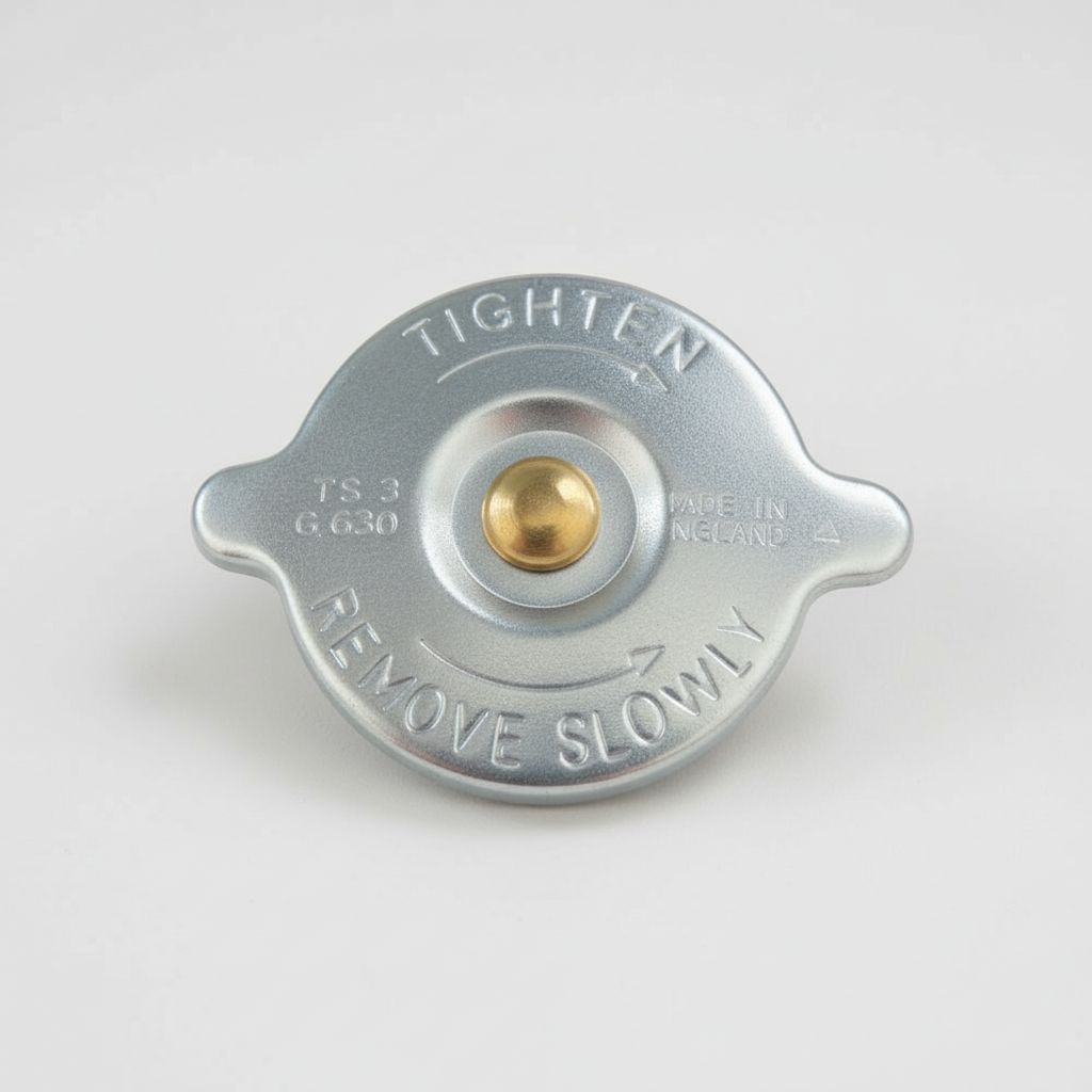 Metal radiator cap with text 'Tighten' and 'Remove Slowly' on a white background