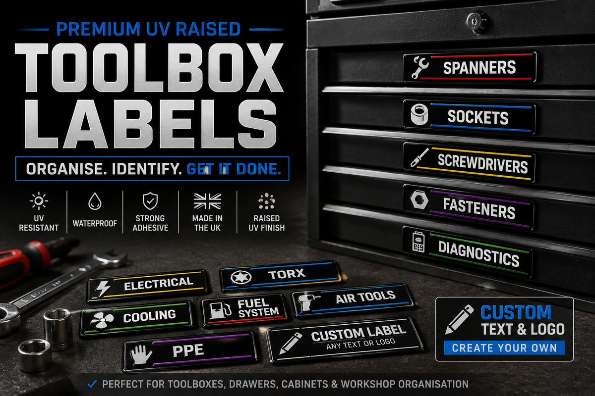 Custom Toolbox & Workshop Labels – Raised UV Garage Drawer Stickers