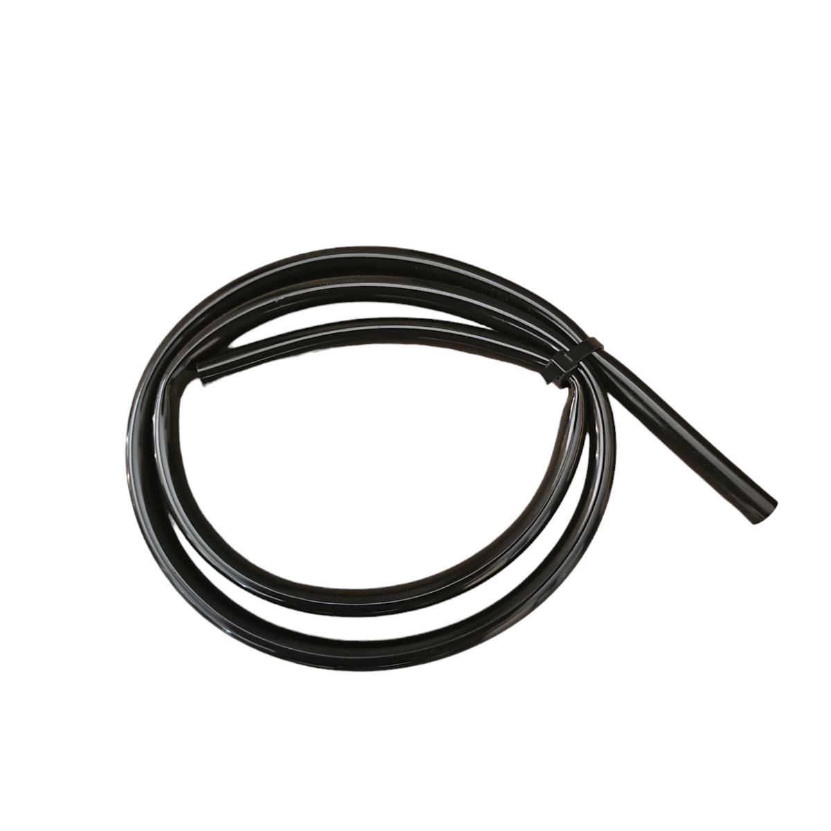 A coiled black PVC tube with a visible hose clamp.