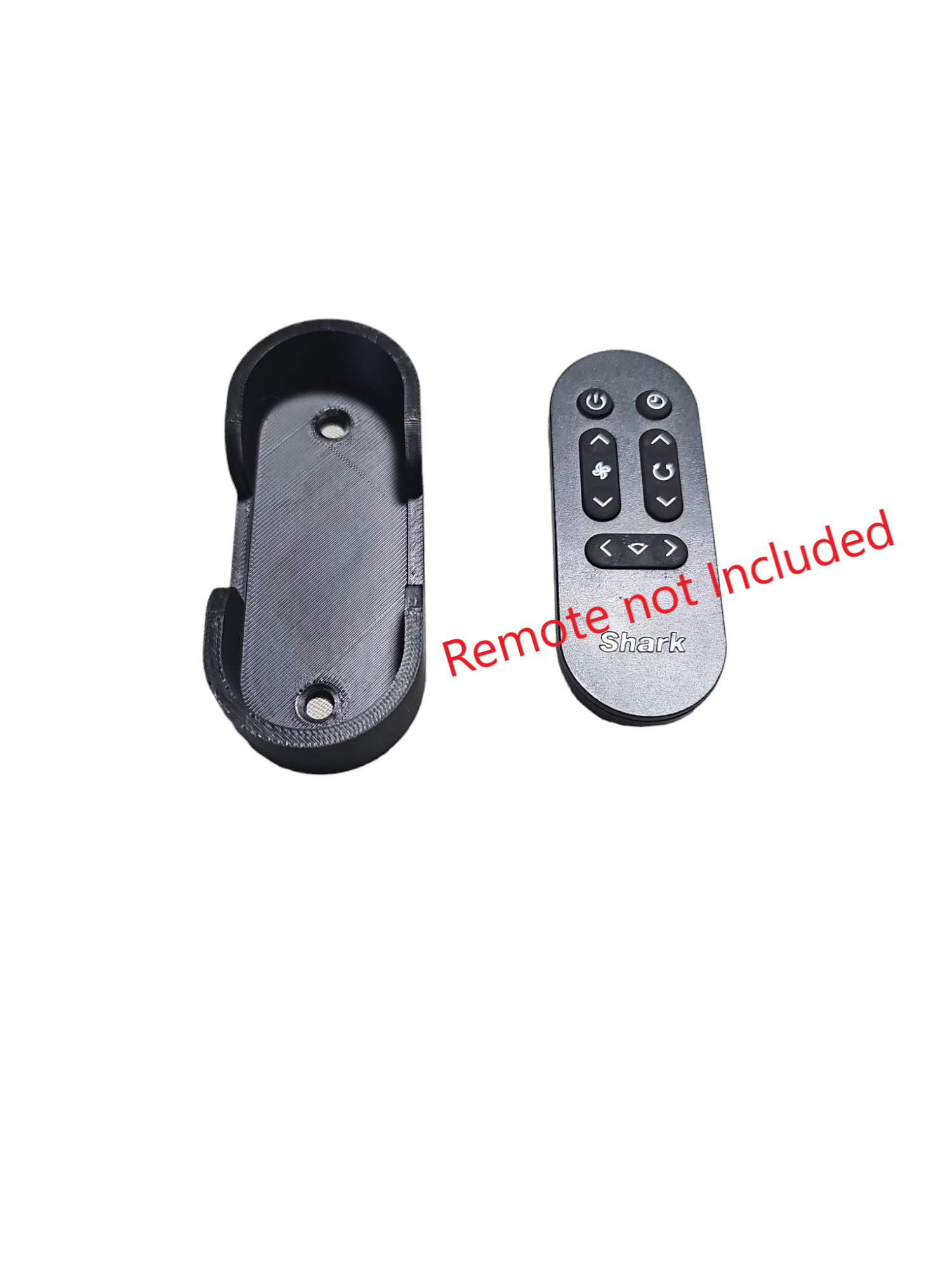 Remote control holder with a shark-inspired design, including a remote control with the text 'REMOVE NOT INCLUDED'.