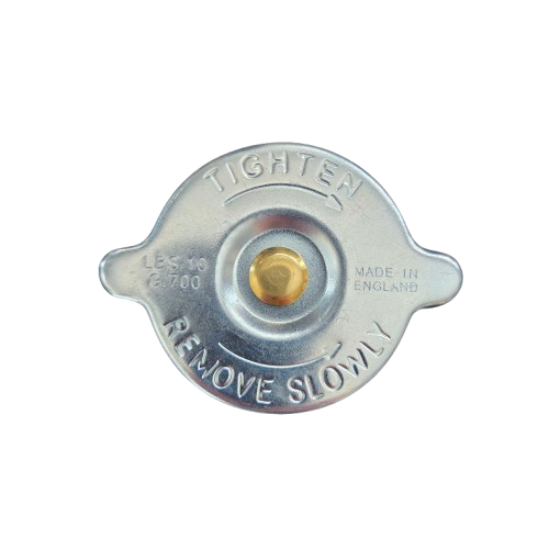 Metal radiator cap with 'Tighten' and 'Remove Slowly' text on a white background
