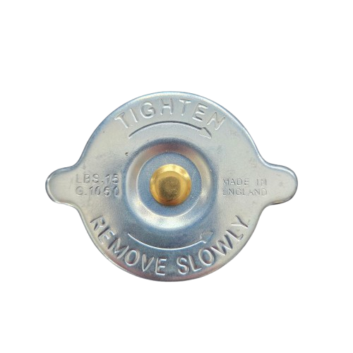 Metal radiator cap with 'Tighten' and 'Remove Slowly' text on a white background