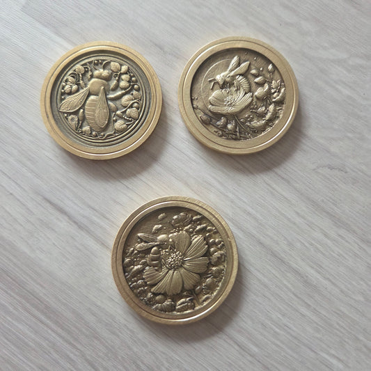 3 Brass Coins Carved with a Bee on a Flower