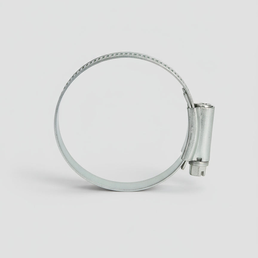 Metal hose clamp on a textured gray background