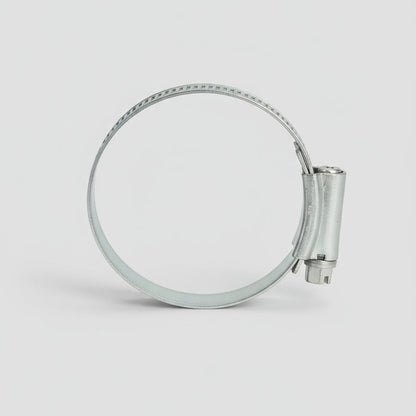 Metal hose clamp on a textured gray background