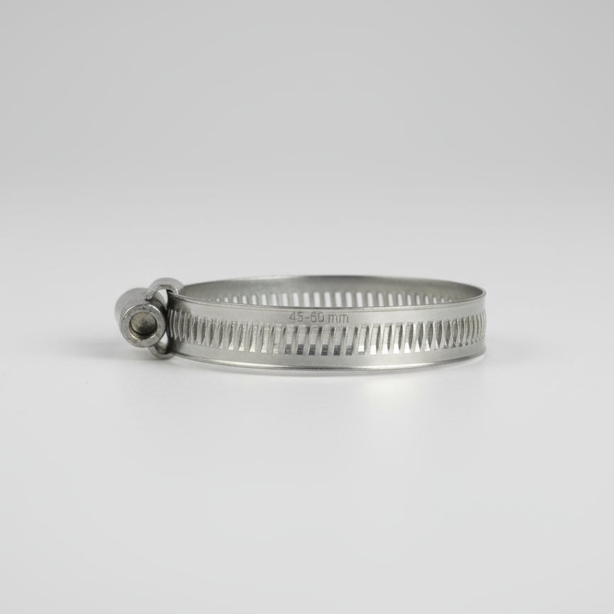 Metal hose clamp on a white background