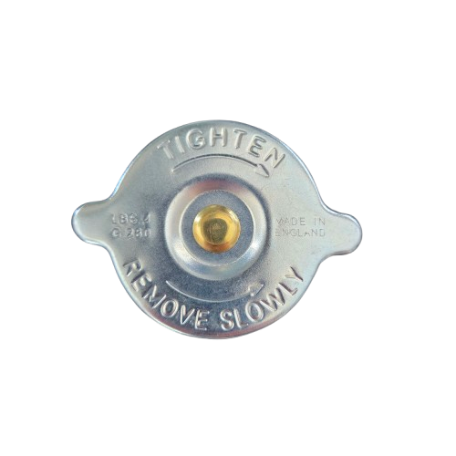 Metallic radiator cap with 'Tighten' and 'Remove Slowly' text on a white background