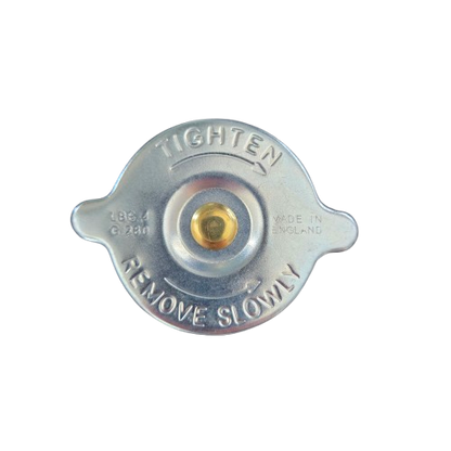 Metallic radiator cap with 'Tighten' and 'Remove Slowly' text on a white background