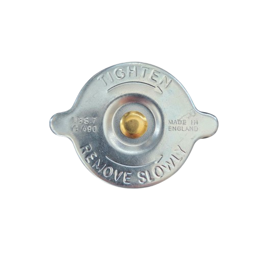 Metal radiator cap with 'Tighten' and 'Remove Slowly' text on a white background