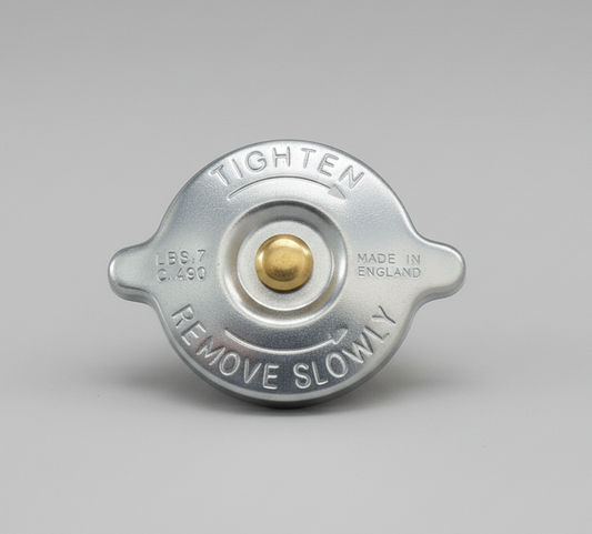 Metal radiator cap with 'Tighten' and 'Remove Slowly' text on a white background