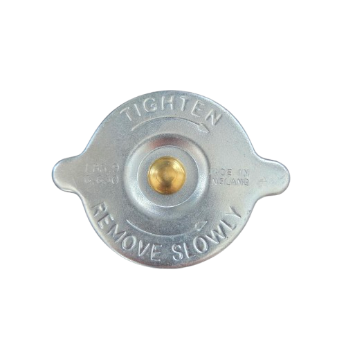 Metal radiator cap with text 'Tighten' and 'Remove Slowly' on a white background