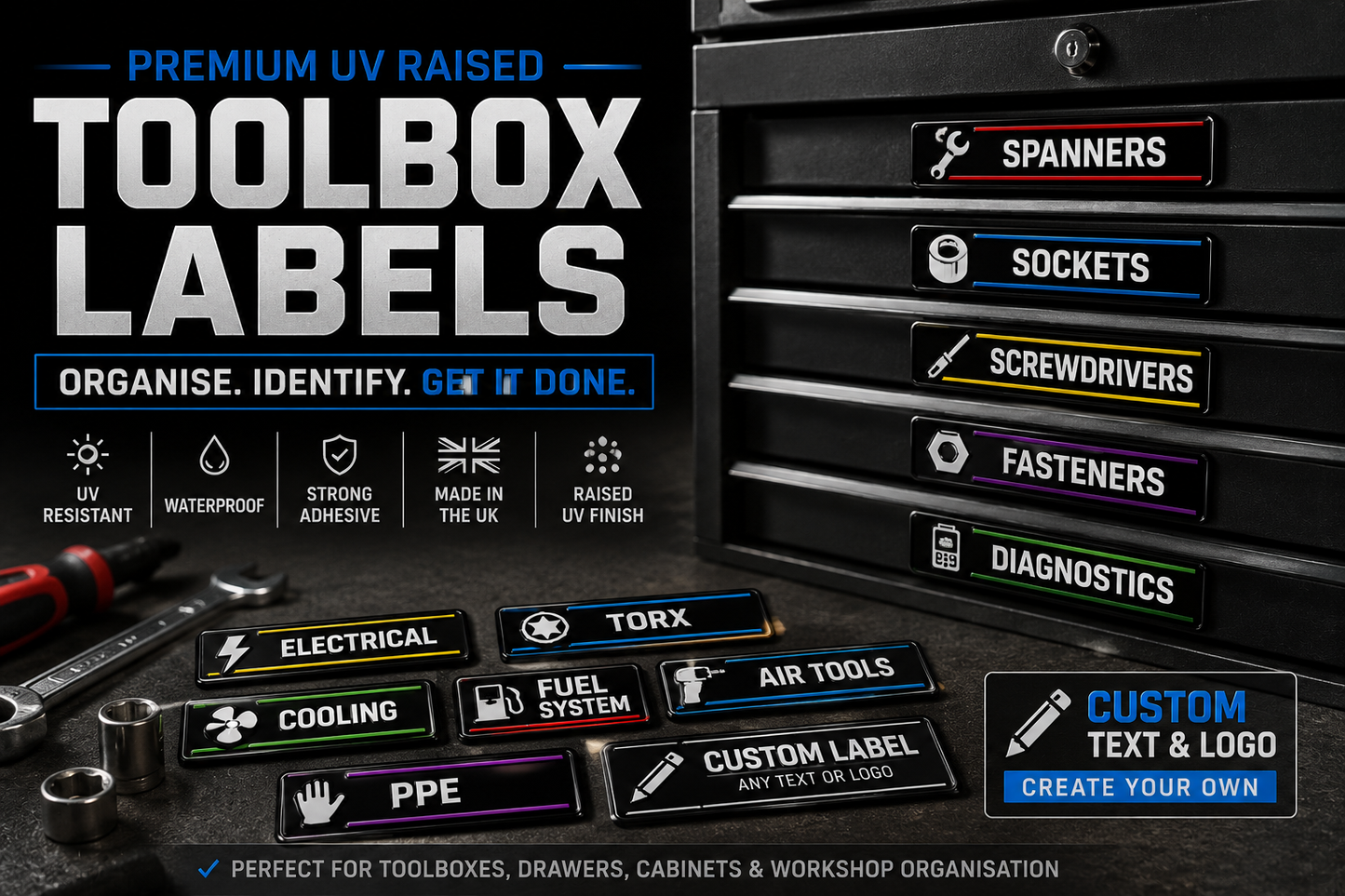Custom Toolbox & Workshop Labels – Raised UV Garage Drawer Stickers