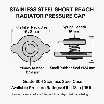 Stainless Steel Short Reach Radiator Pressure Cap – 4lb / 13lb / 15lb