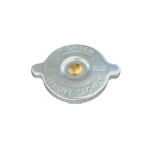 Metal radiator cap with text on a white background