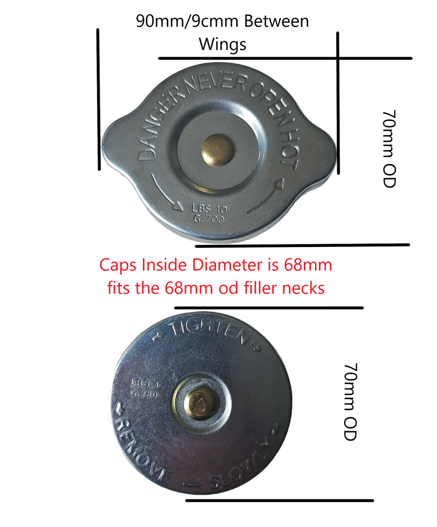 sizes of a round and winged radiator cap 70mm in diameter